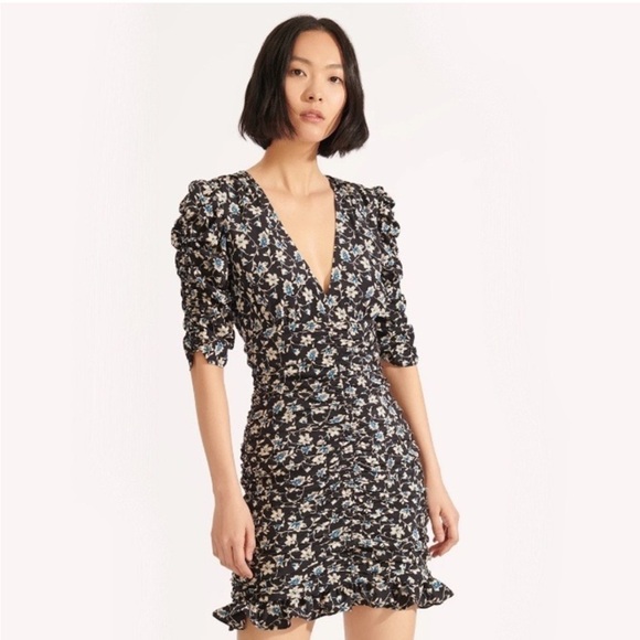 Veronica Beard Josephine Floral Silk Ruched Puff Sleeve Mini Dress